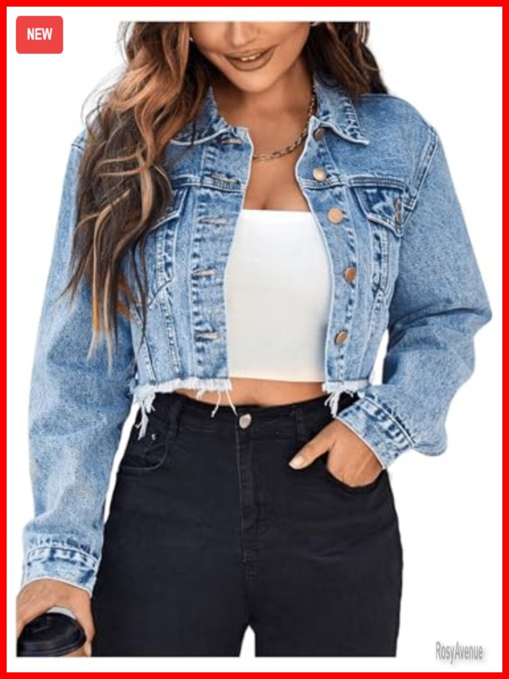 Cropped Denim Jean Jacket Raw Hem Long Sleeve Button Down